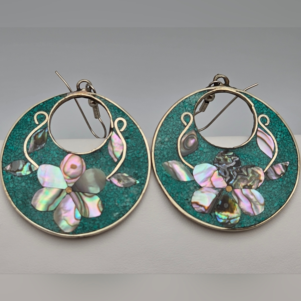 Vintage Alpaca Silver Abalone & Turquoise Mother of Pearl Flower Drop Earrings